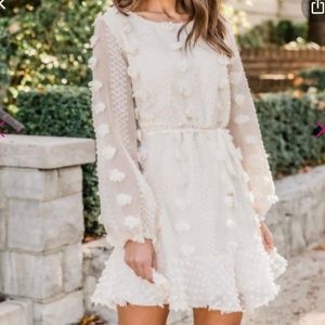 Off-white pom detailed mini dress. Perfect for bridal shower, rehearsal, ect
